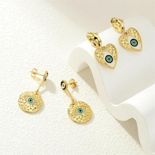 Cubic Zirconia Micro Pave Brass Earring gold color plated evil eye pattern & micro pave cubic zirconia & for woman & enamel nickel lead & cadmium free Sold By Pair