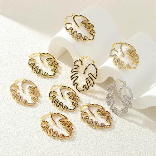 Cubic Zirconia Micro Pave Brass Earring Leaf gold color plated micro pave cubic zirconia & for woman nickel lead & cadmium free Sold By Pair