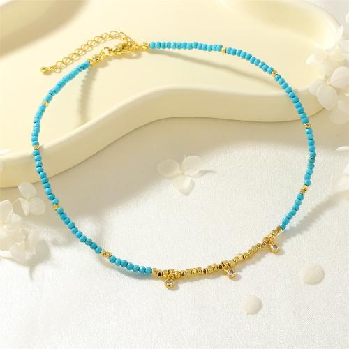 Cubic Zircon Micro Pave Brass Necklace with turquoise gold color plated micro pave cubic zirconia & for woman blue nickel lead & cadmium free Sold By PC