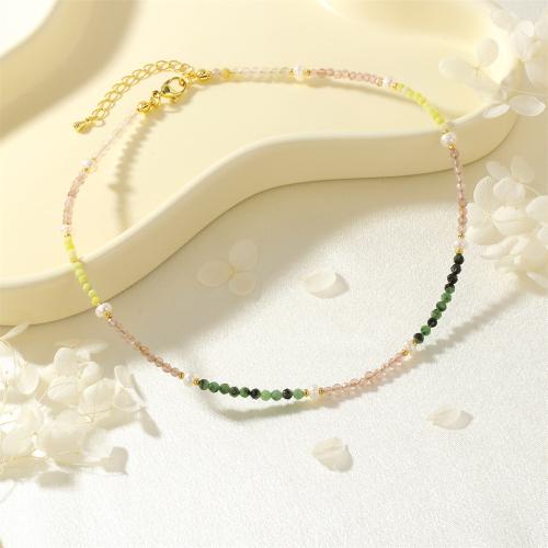 Natural Gemstone Necklace Brass with Gemstone Chips & Freshwater Pearl & Glass gold color plated for woman nickel lead & cadmium free Sold By PC