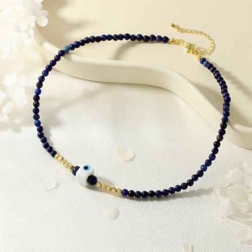 Collier Evil Eye bijoux, laiton, avec Chips de pierres précieuses & verre, Placage de couleur d'or, motif de mauvais œil & pour femme & émail, bleu, protéger l'environnement, sans nickel, plomb et cadmium, Vendu par PC