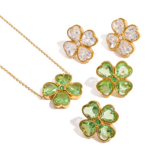 Cubic Zirconia Stainless Steel Jewelry Sets 304 Stainless Steel with Cubic Zirconia Four Leaf Clover plated fashion jewelry & for woman Sold By PC