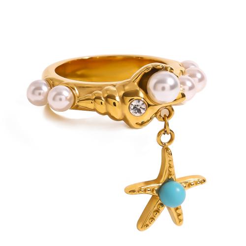 Rhinestone Stainless Steel Finger Ring 304 Stainless Steel with Plastic Pearl plated fashion jewelry & for woman & with rhinestone golden Sold By PC