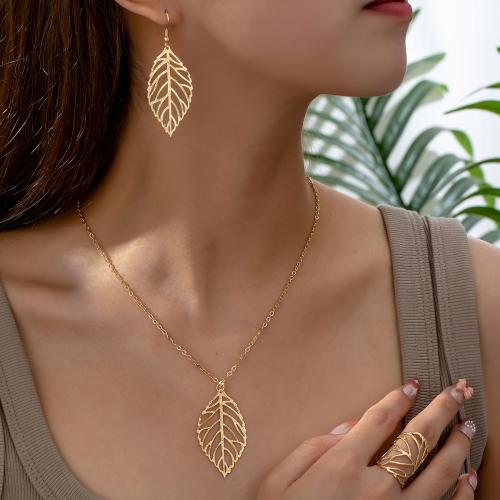 Jewelry Sets finger ring & earring & necklace Iron Leaf plated for woman gold Sold By Set