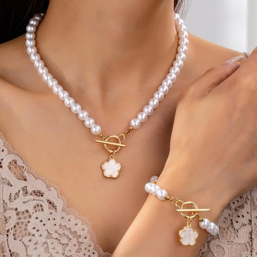 Zinc Alloy Jewelry Sets bracelet & necklace with Plastic Pearl & Acrylic plated for woman white Sold By Set