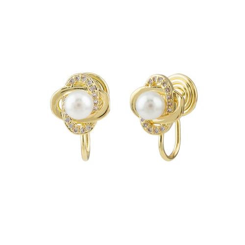 Zinc Alloy Stud Earring with Plastic Pearl plated & micro pave cubic zirconia & for woman golden 10mm Sold By Pair