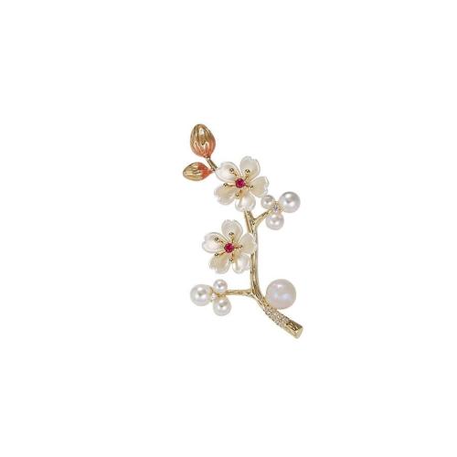 Zinc Alloy Brocher, med Shell & Plastic Pearl, for kvinde & med rhinestone, gylden, Solgt af PC