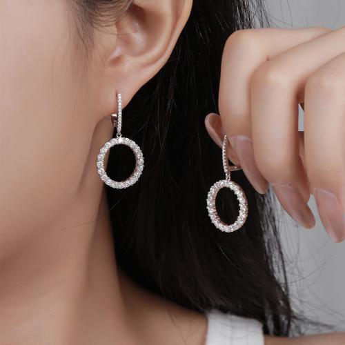 925 Sterling Silver Buail Earring, Donut, do bhean & le rhinestone, 14.30x31.30mm, Díolta De réir Péire