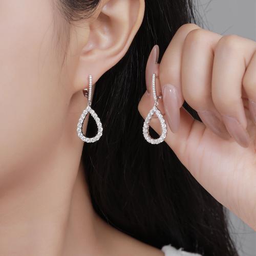 925 Sterling Silver Buail Earring, Teardrop, do bhean & le rhinestone & log, 9.30x32mm, Díolta De réir Péire