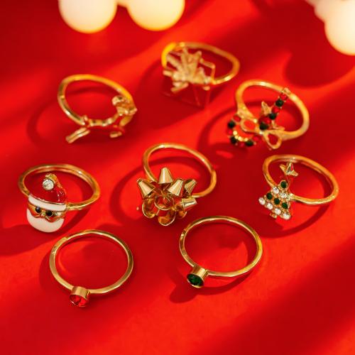 Finger Ring Jewelry Copper Coated Plastic with Polymer Clay & Crystal & Zinc Alloy & Acrylic 8 pieces & Christmas Design & fashion jewelry & for woman golden Sold By Set