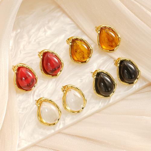 Stainless Steel Stud Earrings 304 Stainless Steel with Resin 18K gold plated fashion jewelry & for woman Sold By Pair