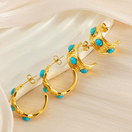 Stainless Steel Stud Earrings 304 Stainless Steel with turquoise 18K gold plated fashion jewelry & for woman golden Sold By Pair