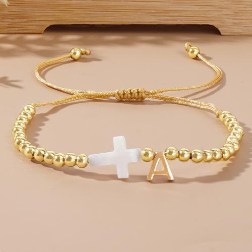 Brass Bracelet & Bangle with Knot Cord & Shell Cross gold color plated Adjustable & fashion jewelry & letters are from A to Z & Unisex nickel lead & cadmium free Length Approx 28 cm Sold By PC