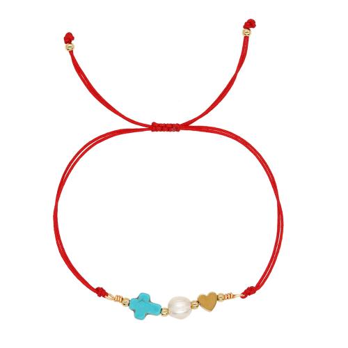 Cordon de noeud bracelet, avec turquoise & perle de plastique & laiton & Acier inoxydable 304, croix, fait à la main, Réglable & bijoux de mode & unisexe, rouge, protéger l'environnement, sans nickel, plomb et cadmium, Longueur Environ 28 cm, Vendu par PC