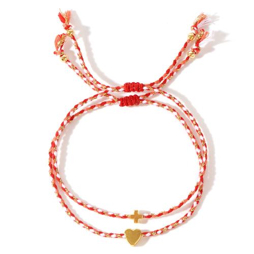 Bracelets en laiton, Fil de coton, avec laiton, fait à la main, 2 pièces & Réglable & bijoux de mode & pour femme, rouge, protéger l'environnement, sans nickel, plomb et cadmium, Longueur Environ 28 cm, Vendu par fixé