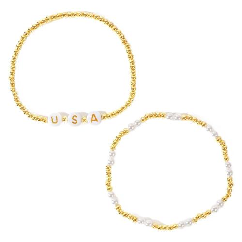 Pulseras de latón, metal, con Perlas plásticas, chapado en color dorado, Joyería & para mujer, más colores para la opción, libre de níquel, plomo & cadmio, longitud aproximado 17.5 cm, Vendido por UD