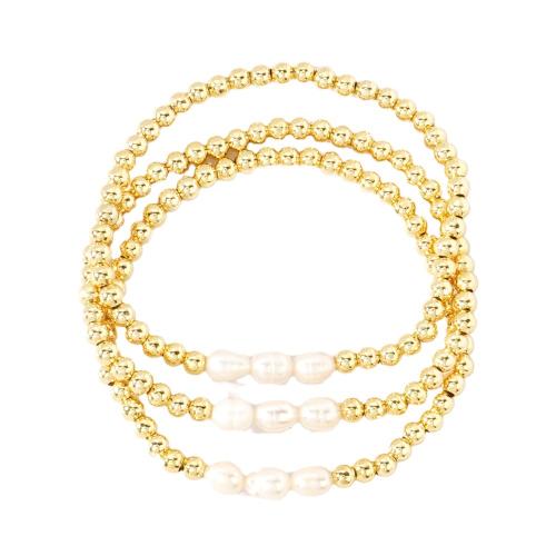 Pulseras de latón, metal, con Perlas plásticas, chapado en color dorado, tres piezas & Joyería & para mujer, libre de níquel, plomo & cadmio, longitud aproximado 16.5 cm, Vendido por Set