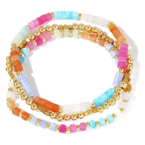 Brass Bracelet & Bangle with Gemstone gold color plated three pieces & fashion jewelry & for woman multi-colored nickel lead & cadmium free Length Approx 17.5 cm Sold By Set