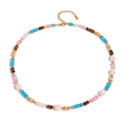 Stainless Steel Jewelry Necklace 304 Stainless Steel with Natural Stone & Plastic Pearl with 5cm extender chain gold color plated fashion jewelry multi-colored Length 41 cm Sold By PC