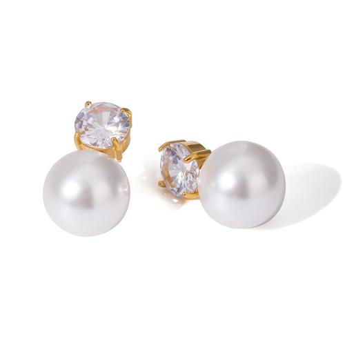 Stainless Steel Stud Earrings 304 Stainless Steel with Plastic Pearl gold color plated fashion jewelry & micro pave cubic zirconia golden Sold By Pair