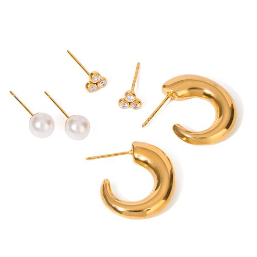 Stainless Steel Stud Earrings 304 Stainless Steel with Plastic Pearl gold color plated three pieces & fashion jewelry & micro pave cubic zirconia golden Sold By Set