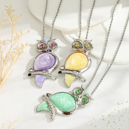 Zinc Alloy Jewelry Necklace with Resin Owl plated fashion jewelry & with rhinestone nickel lead & cadmium free Sold By PC