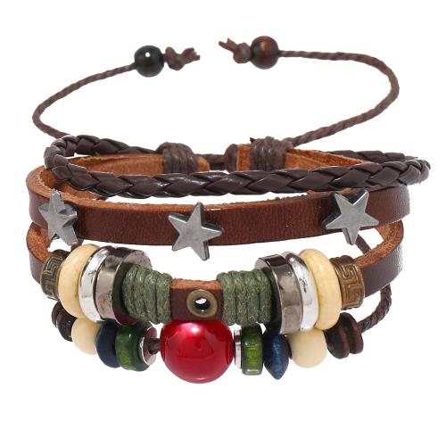 Cowhide Bracelet with Stone & Wax Cord & Wood & Copper Coated Plastic & Zinc Alloy handmade fashion jewelry & multilayer & for woman brown Sold By PC