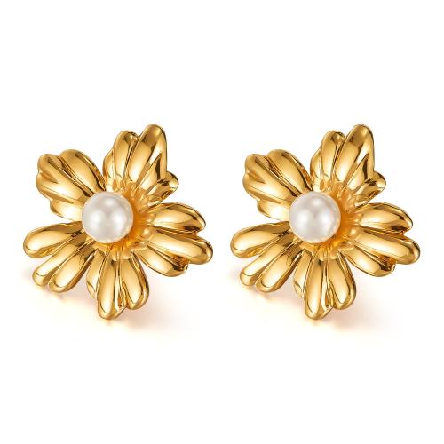 Roestvrij staal Stud Earrings, 304 roestvrij staal, met Plastic Pearl, Bloem, gold plated, mode sieraden & voor vrouw, Verkocht door pair