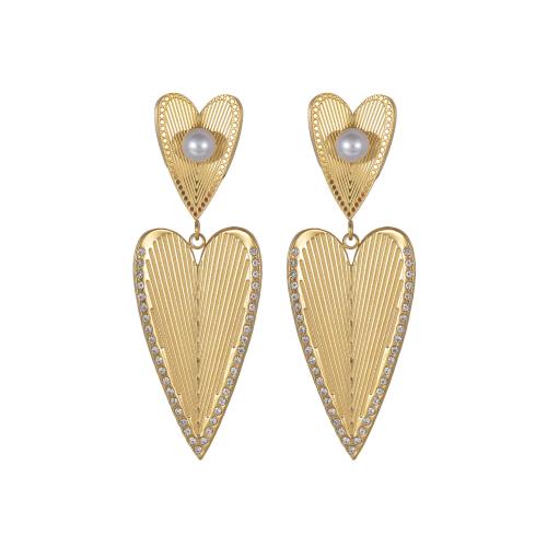 Stainless Steel Stud Earrings 304 Stainless Steel with Plastic Pearl Heart plated micro pave cubic zirconia & for woman gold Sold By Pair