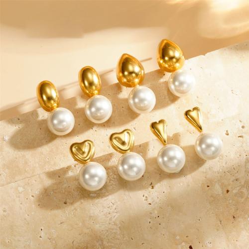 Stainless Steel Stud Earrings 304 Stainless Steel with Plastic Pearl plated & for woman gold Sold By Pair