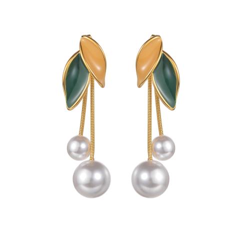 Stainless Steel Stud Earrings 304 Stainless Steel with Plastic Pearl plated for woman & enamel gold Sold By Pair