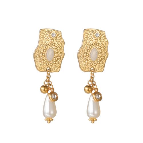 Stainless Steel Stud Earrings 304 Stainless Steel with Gemstone & Plastic Pearl plated & micro pave cubic zirconia & for woman & enamel gold Sold By Pair