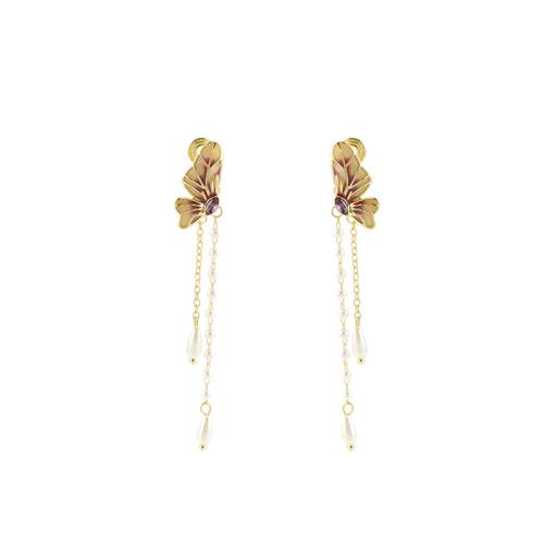 Zinklegering oorknoppen, Zinc Alloy, met Plastic Pearl, plated, verschillende stijlen voor de keuze & voor vrouw & glazuur, gouden, 11x80mm, Verkocht door pair