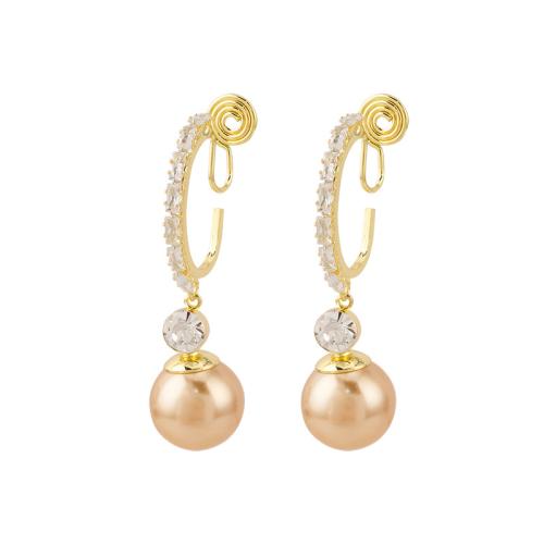 Zinc Alloy Stud Earring with Plastic Pearl plated & micro pave cubic zirconia & for woman golden Sold By Pair