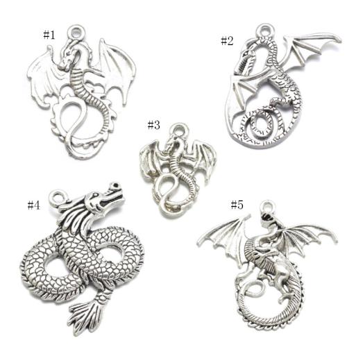 Sinc Alloy Pendants Ainmhithe, Dragon, dath airgid antique plátáilte, DIY & méid éagsúla do rogha & stíleanna éagsúla do rogha, 100ríomhairí pearsanta/Mála, Díolta De réir Mála