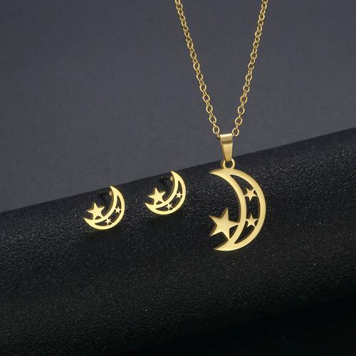 Fashion Stainless Steel Jewelry Sets Stud Earring & necklace 304 Stainless Steel Moon and Star 2 pieces & fashion jewelry & for woman golden Length Approx 45 cm Sold By Set