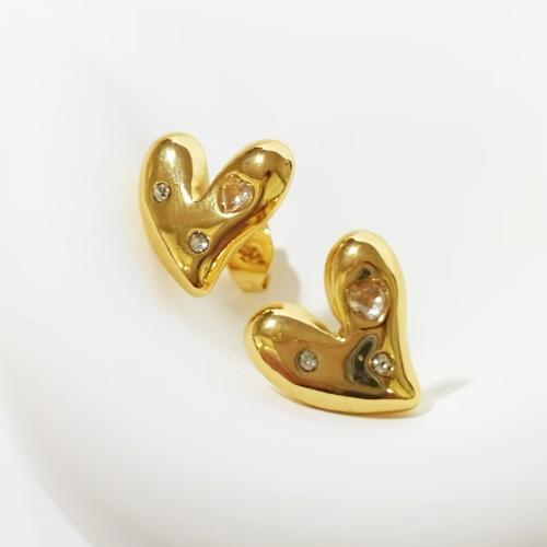 Stainless Steel Stud Øreringe, 304 rustfrit stål, Heart, mode smykker & for kvinde & med rhinestone, flere farver til valg, 14x14mm, Solgt af par