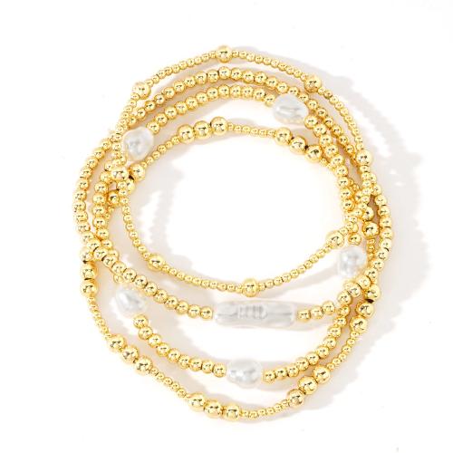 Pulseras de latón, metal, con Perlas plásticas, chapado en color dorado, 4 piezas & Joyería & para mujer, libre de níquel, plomo & cadmio, longitud aproximado 17.5 cm, Vendido por Set