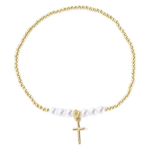 Brass Bracelet & Bangle with Plastic Pearl Cross gold color plated fashion jewelry & for woman nickel lead & cadmium free Length Approx 17.5 cm Sold By PC