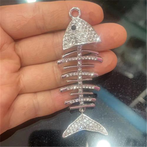 Zinc alliage strass Pendants, alliage de zinc, Squelette de poisson, Placage de couleur argentée, DIY & avec strass, 87x31mm, Vendu par PC