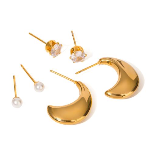 Stainless Steel Stud Earrings 304 Stainless Steel with Plastic Pearl gold color plated three pieces & fashion jewelry & micro pave cubic zirconia golden Sold By Set