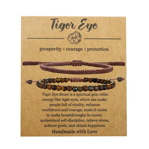 Natural Tiger Eye Bracelets Knot Cord with Tiger Eye handmade 2 pieces & fashion jewelry & Unisex Length 6.3-10.2 Inch Sold By Set