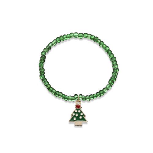 Christmas Holiday Bracelet Zinc Alloy with Seedbead & Elastic Thread plated Christmas Design & for woman & enamel green Sold By PC