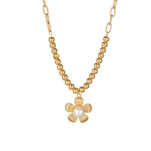 Stainless Steel Jewelry Necklace 304 Stainless Steel with Plastic Pearl petals plated for woman gold Sold By PC