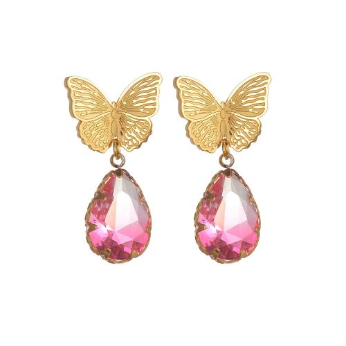 Stainless Steel Stud Earrings 304 Stainless Steel Butterfly plated & micro pave cubic zirconia & for woman & enamel gold Sold By Pair