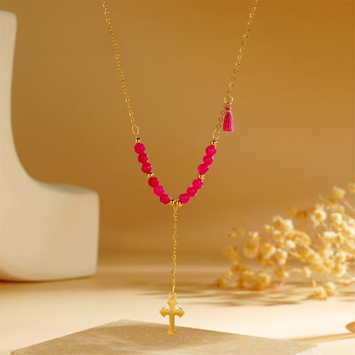 Stainless Steel Jewelry Necklace 304 Stainless Steel with Gemstone & Polyester with 3CM extender chain plated for woman Length Approx 45 cm Sold By PC