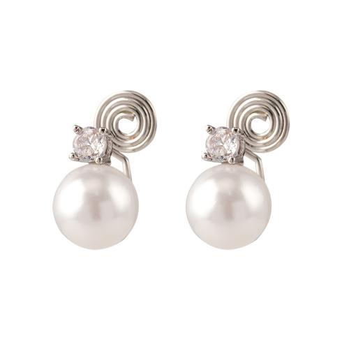 Zinc Alloy Stud Earring with Plastic Pearl plated & micro pave cubic zirconia & for woman silver color Sold By Pair