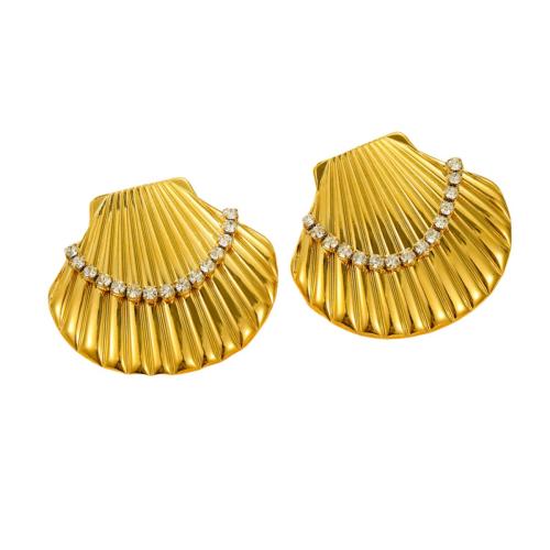 Roestvrij staal Stud Earrings, 304 roestvrij staal, Schelp, mode sieraden & micro pave zirconia & voor vrouw, gouden, 33x29.30mm, Verkocht door pair