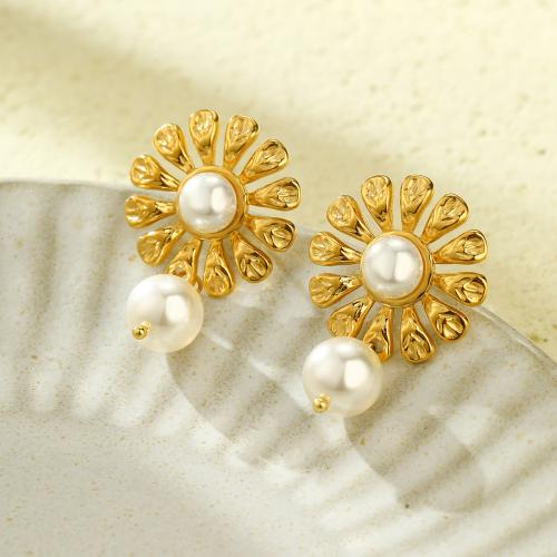 Roestvrij staal Stud Earrings, 304 roestvrij staal, met Plastic Pearl, mode sieraden & voor vrouw, gouden, 23mm, Verkocht door pair