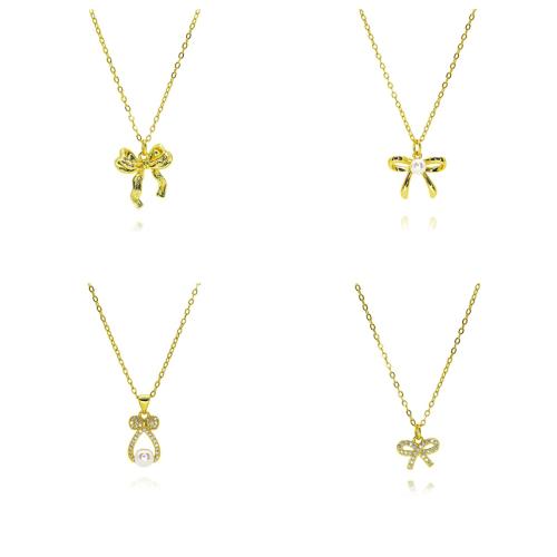 Cubic Zircon Micro Pave Brass Necklace with Plastic Pearl Bowknot gold color plated fashion jewelry & micro pave cubic zirconia & for woman nickel lead & cadmium free Length Approx 45 cm Sold By PC